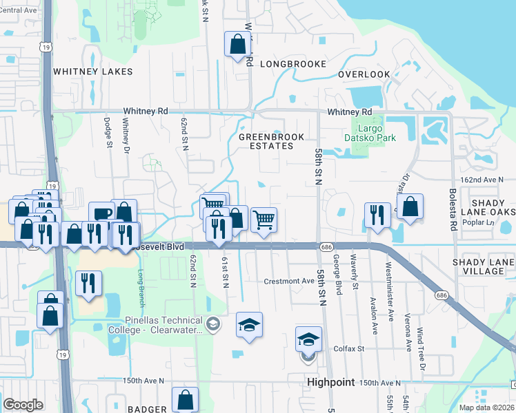 map of restaurants, bars, coffee shops, grocery stores, and more near 2151 Poinciana Terrace in Clearwater
