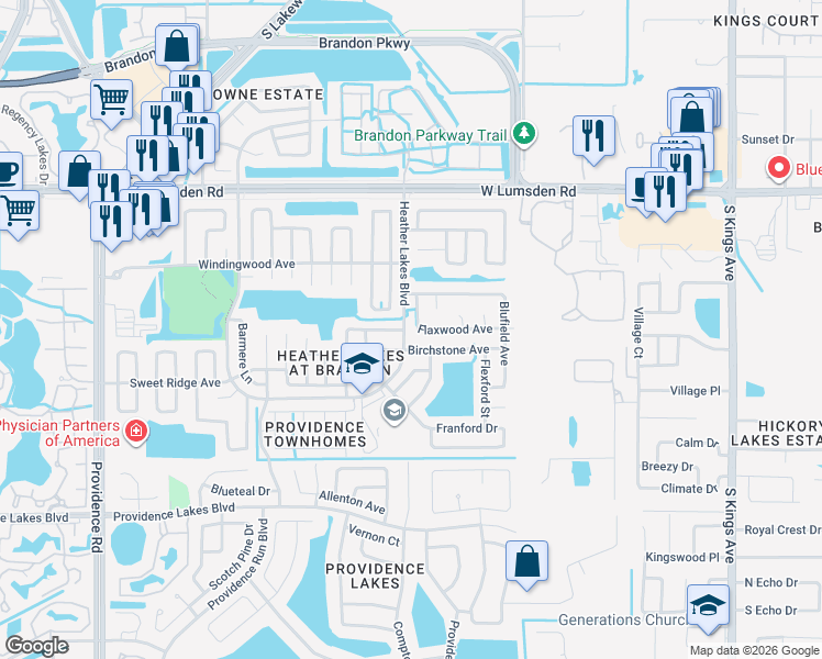 map of restaurants, bars, coffee shops, grocery stores, and more near 1446 Birchstone Avenue in Brandon