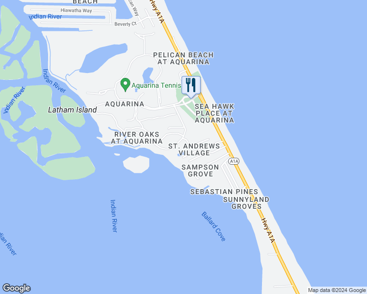 map of restaurants, bars, coffee shops, grocery stores, and more near 134 Caledonia Drive in Melbourne Beach