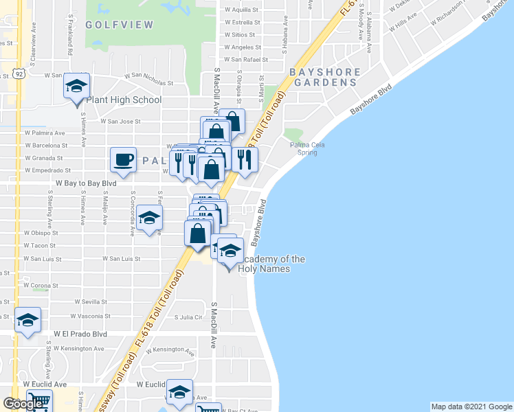 map of restaurants, bars, coffee shops, grocery stores, and more near 3108 Seaway Court in Tampa