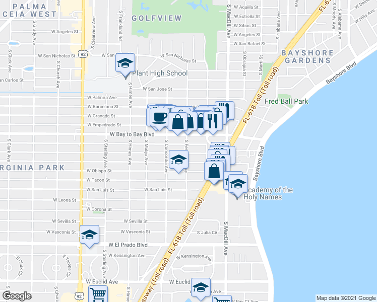 map of restaurants, bars, coffee shops, grocery stores, and more near 3219 West San Pedro Street in Tampa