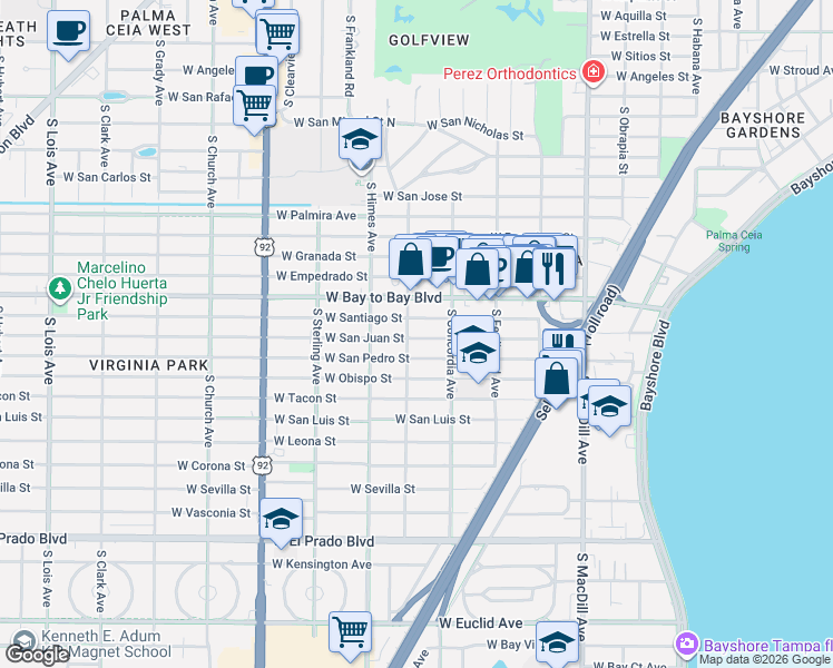 map of restaurants, bars, coffee shops, grocery stores, and more near 3419 West San Pedro Street in Tampa