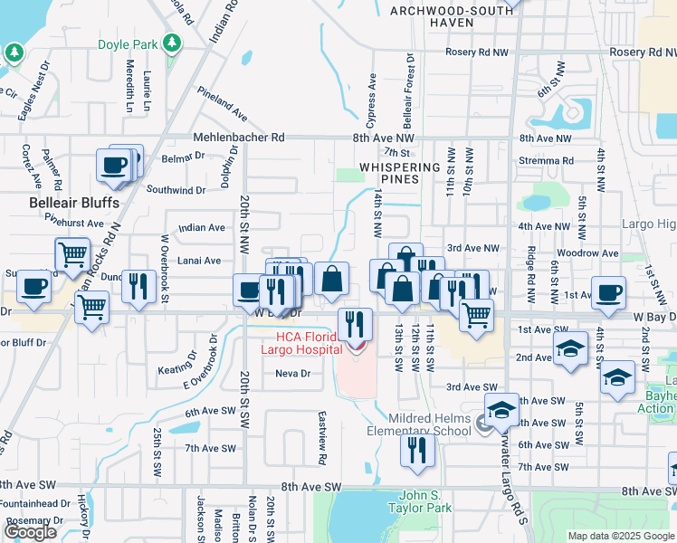 map of restaurants, bars, coffee shops, grocery stores, and more near 1597 Shirley Place in Largo