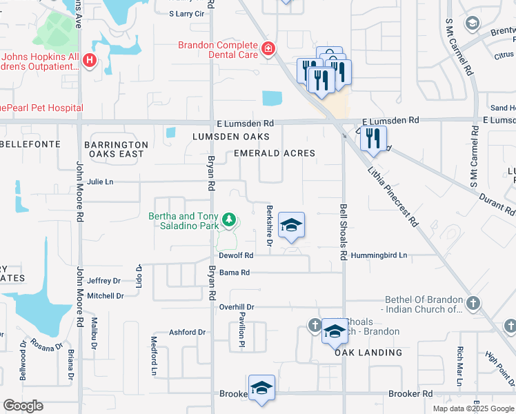map of restaurants, bars, coffee shops, grocery stores, and more near 1406 Berkshire Court in Brandon