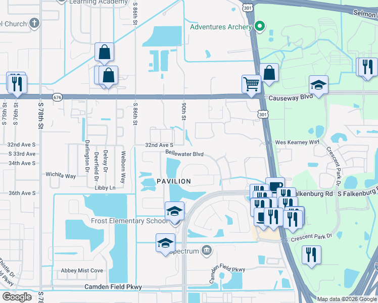 map of restaurants, bars, coffee shops, grocery stores, and more near 3835 Bellewater Boulevard in Riverview