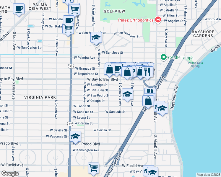 map of restaurants, bars, coffee shops, grocery stores, and more near 3419 West San Pedro Street in Tampa