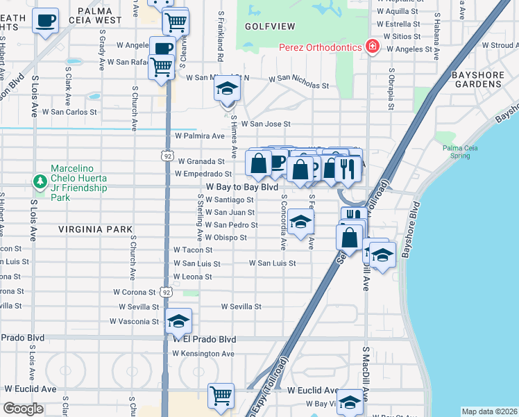 map of restaurants, bars, coffee shops, grocery stores, and more near 3419 West San Pedro Street in Tampa