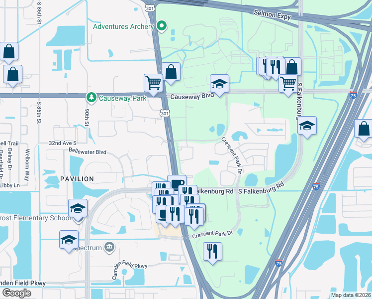 map of restaurants, bars, coffee shops, grocery stores, and more near 9611 Kona Village Drive in Riverview