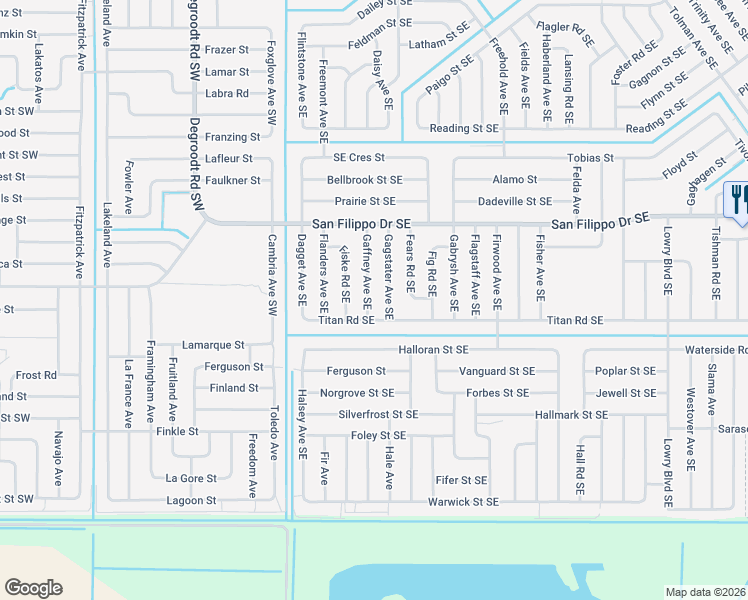 map of restaurants, bars, coffee shops, grocery stores, and more near 3043 Gaffney Avenue Southeast in Palm Bay