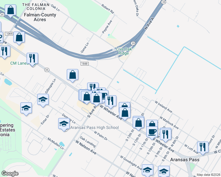 map of restaurants, bars, coffee shops, grocery stores, and more near 285 North Avenue A in Aransas Pass