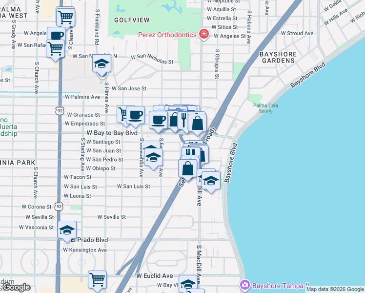 map of restaurants, bars, coffee shops, grocery stores, and more near 3107 South Esperanza Avenue in Tampa
