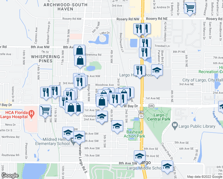 map of restaurants, bars, coffee shops, grocery stores, and more near 167 4th Street Northwest in Largo