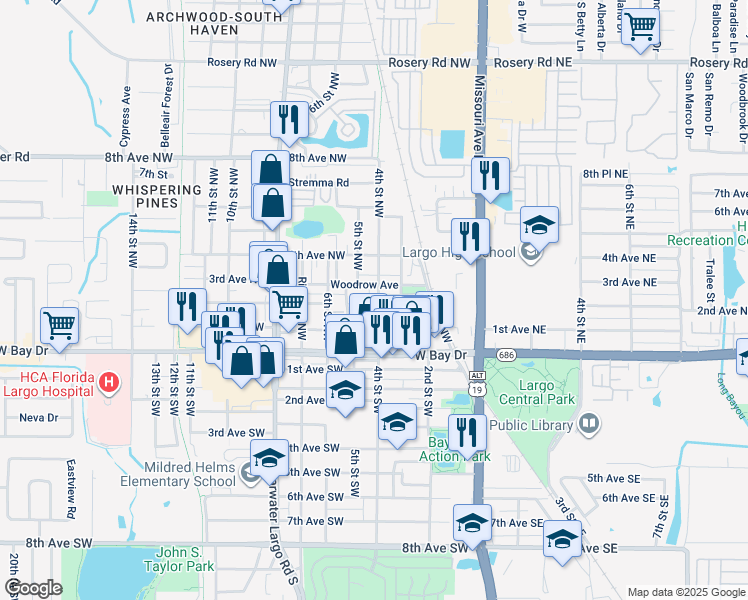 map of restaurants, bars, coffee shops, grocery stores, and more near 167 4th Street Northwest in Largo