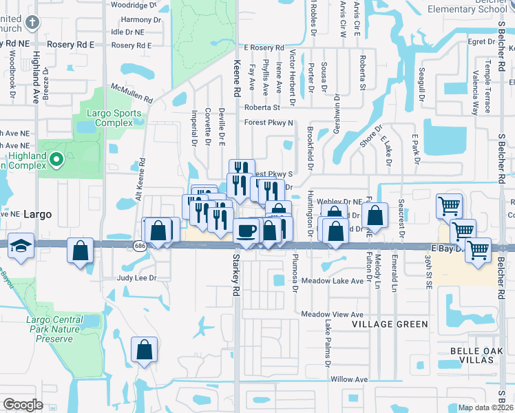 map of restaurants, bars, coffee shops, grocery stores, and more near 404 Brandywine Drive in Largo