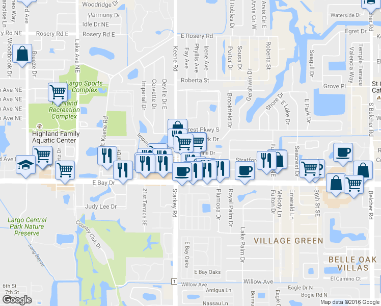 map of restaurants, bars, coffee shops, grocery stores, and more near 404 Brandywine Drive in Largo