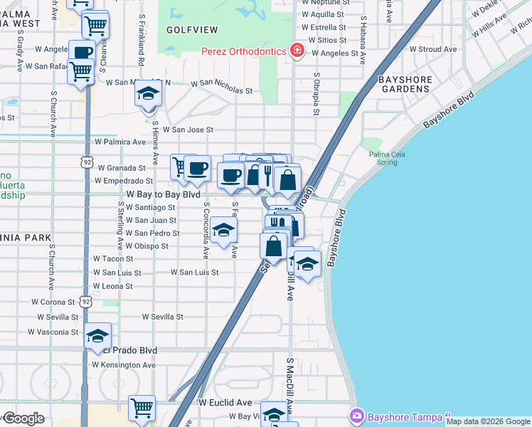 map of restaurants, bars, coffee shops, grocery stores, and more near 3012 South Esperanza Avenue in Tampa