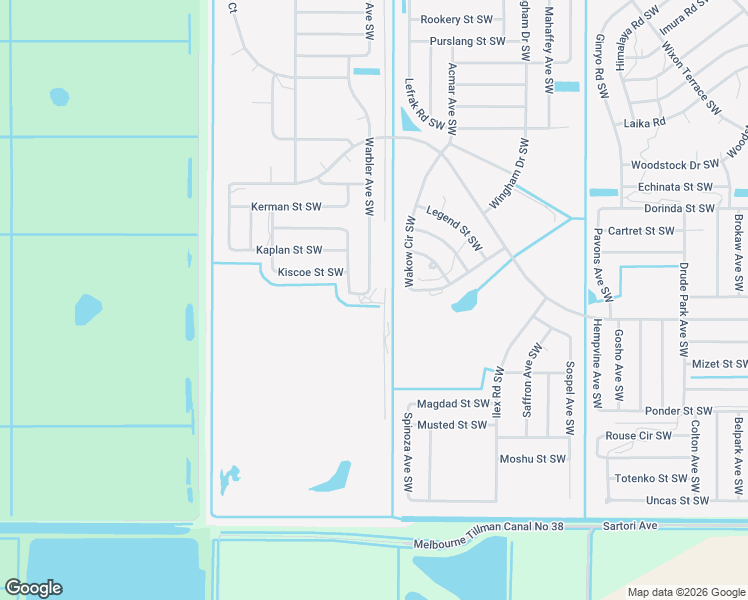 map of restaurants, bars, coffee shops, grocery stores, and more near 3079 Warbler Avenue Southwest in Palm Bay