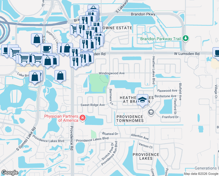 map of restaurants, bars, coffee shops, grocery stores, and more near 1604 Widelake Court in Brandon