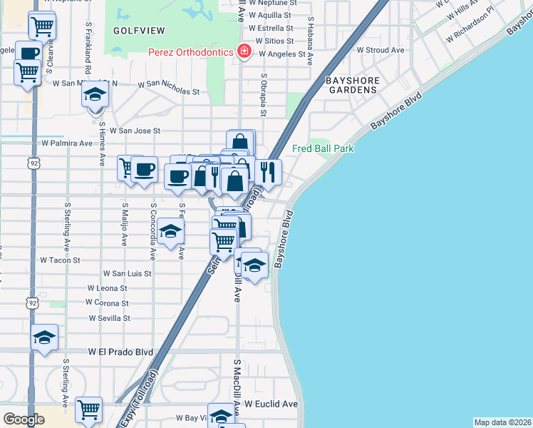 map of restaurants, bars, coffee shops, grocery stores, and more near 12 Spanish Circle in Tampa