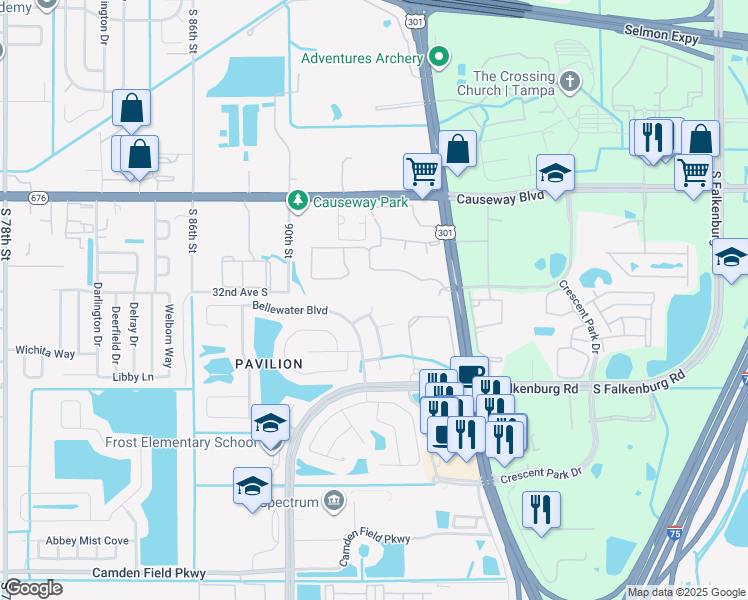 map of restaurants, bars, coffee shops, grocery stores, and more near 9453 Windermere Lake Drive in Riverview