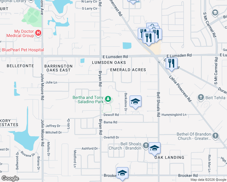 map of restaurants, bars, coffee shops, grocery stores, and more near 1026 Emerald Drive in Brandon