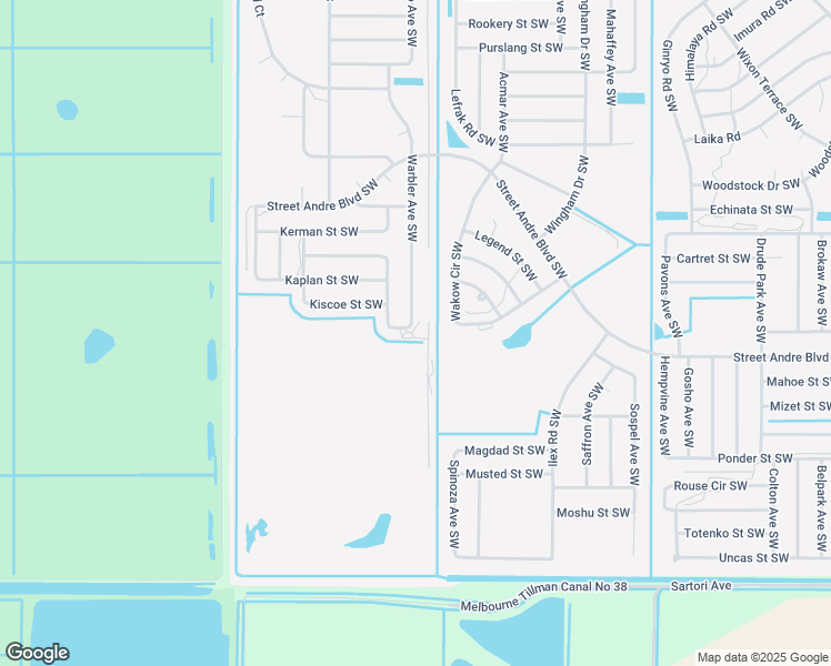 map of restaurants, bars, coffee shops, grocery stores, and more near 3079 Warbler Avenue Southwest in Palm Bay