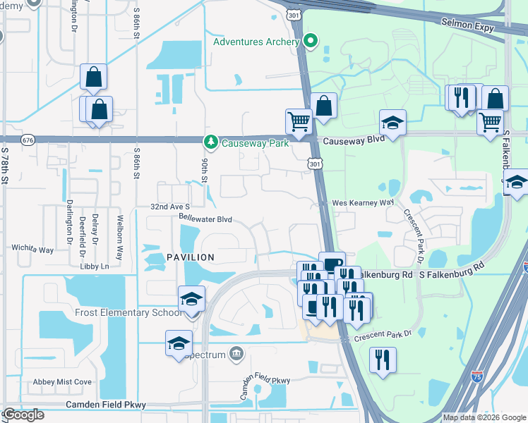 map of restaurants, bars, coffee shops, grocery stores, and more near 9453 Windermere Lake Drive in Riverview