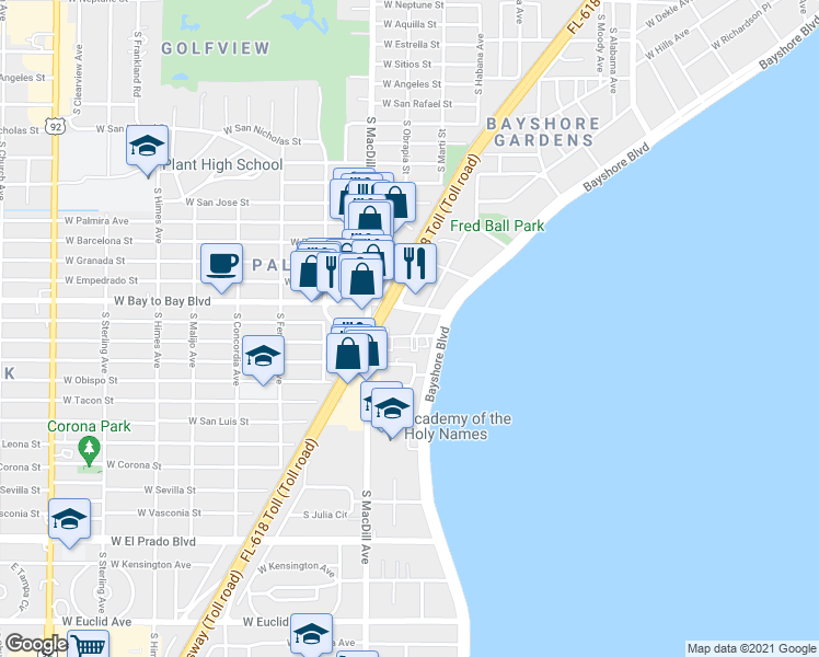 map of restaurants, bars, coffee shops, grocery stores, and more near 12 Spanish Circle in Tampa