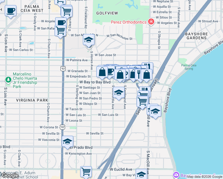 map of restaurants, bars, coffee shops, grocery stores, and more near 3320 West Bay to Bay Boulevard in Tampa