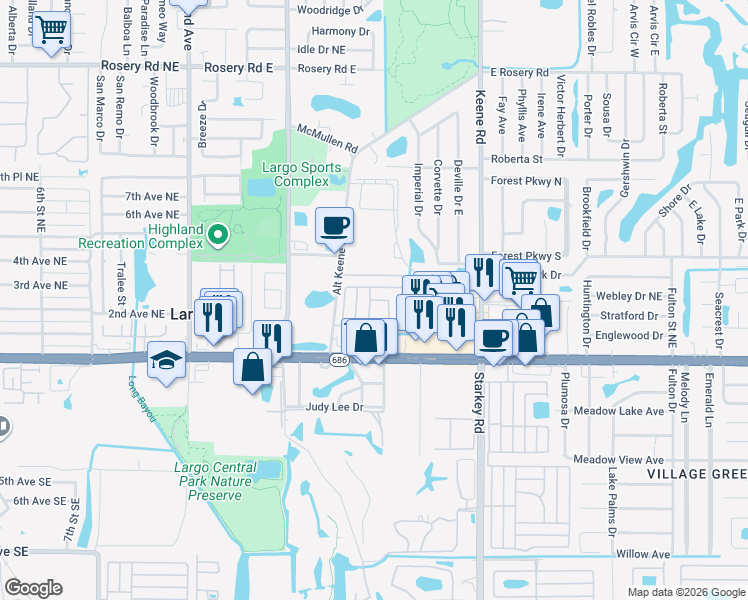 map of restaurants, bars, coffee shops, grocery stores, and more near 2000 East Bay Drive in Largo