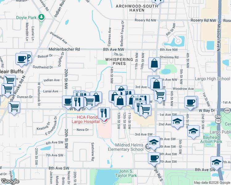 map of restaurants, bars, coffee shops, grocery stores, and more near 14 Bellemeade Circle in Largo