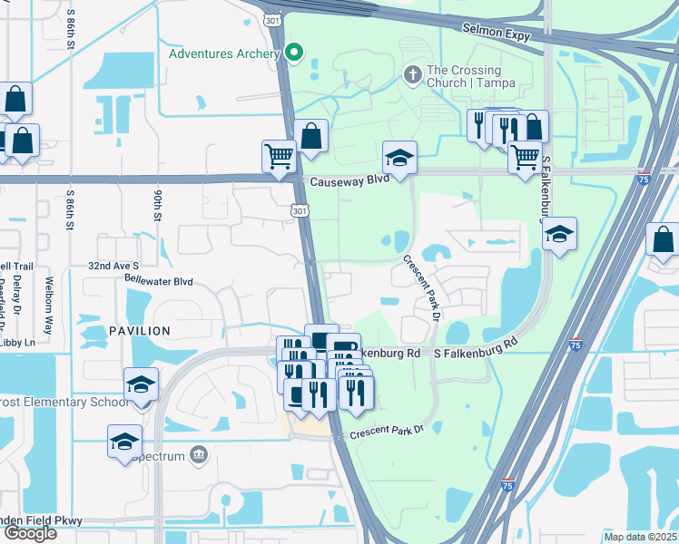 map of restaurants, bars, coffee shops, grocery stores, and more near 9611 Kona Village Drive in Riverview