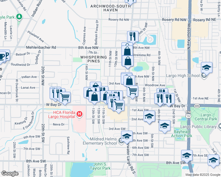 map of restaurants, bars, coffee shops, grocery stores, and more near 848 3rd Avenue Northwest in Largo