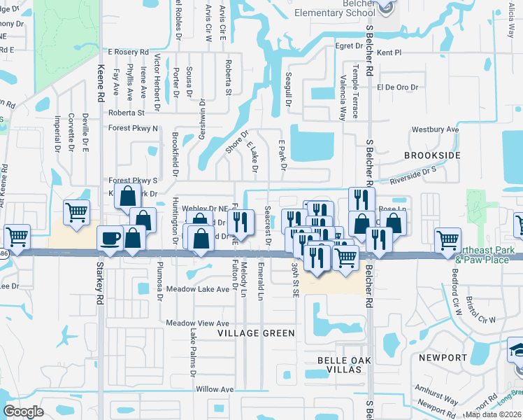 map of restaurants, bars, coffee shops, grocery stores, and more near 3386 Barnsdale Drive in Largo