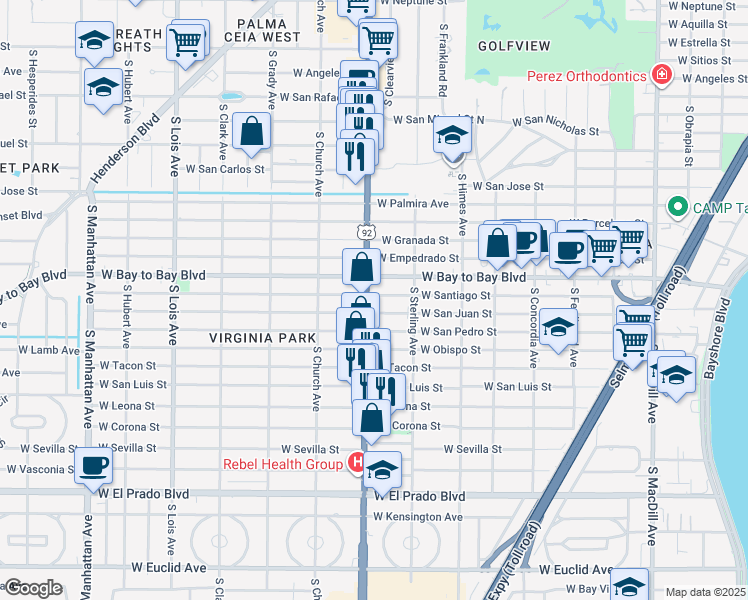 map of restaurants, bars, coffee shops, grocery stores, and more near 3800-3802 West Bay to Bay Boulevard in Tampa