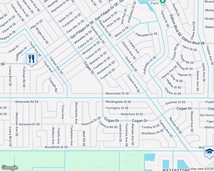 map of restaurants, bars, coffee shops, grocery stores, and more near 1010 Webster Road Southeast in Palm Bay