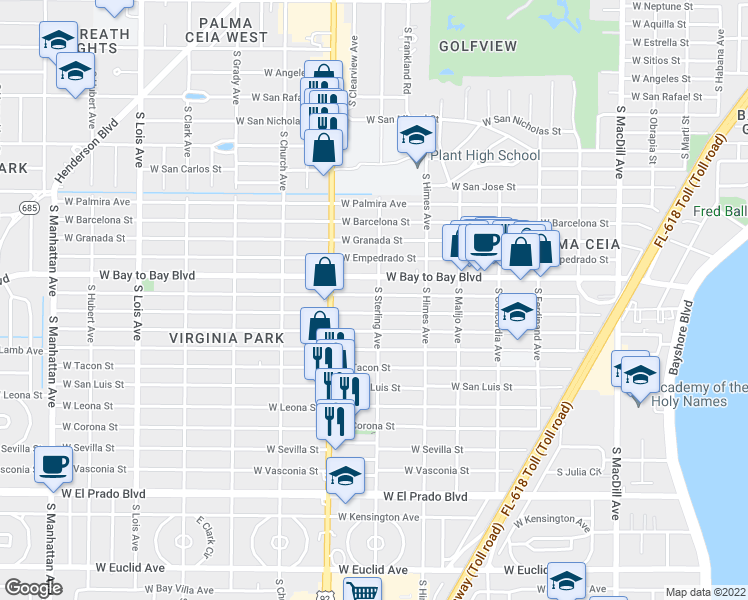 map of restaurants, bars, coffee shops, grocery stores, and more near 3708 West Bay to Bay Boulevard in Tampa
