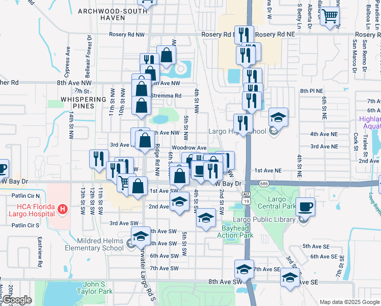 map of restaurants, bars, coffee shops, grocery stores, and more near 406 Woodrow Avenue in Largo