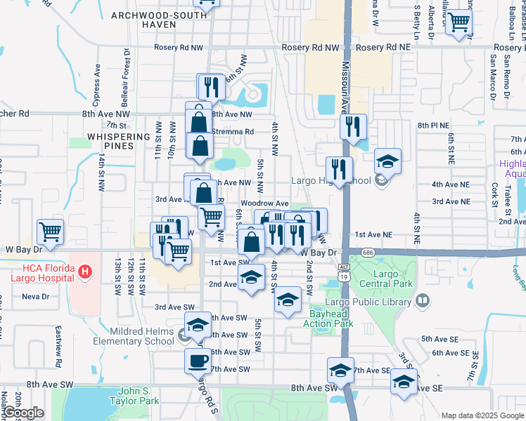 map of restaurants, bars, coffee shops, grocery stores, and more near 406 Woodrow Avenue in Largo