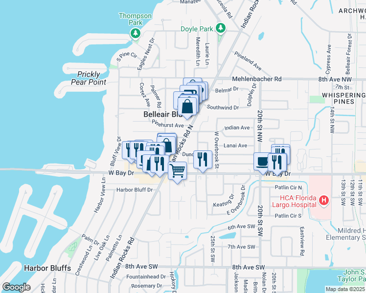 map of restaurants, bars, coffee shops, grocery stores, and more near 321 Indian Rocks Road North in Belleair Bluffs