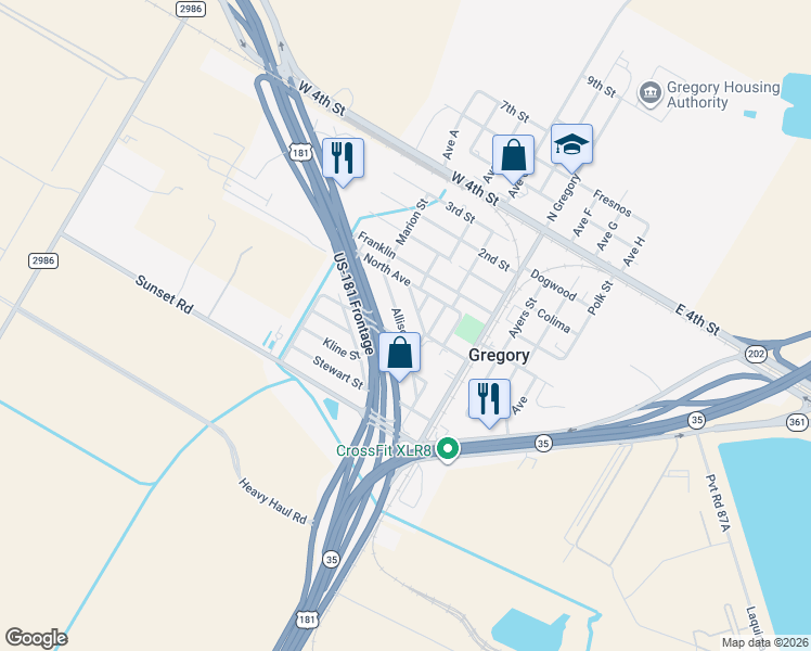 map of restaurants, bars, coffee shops, grocery stores, and more near 300 U.S. 181 in Gregory