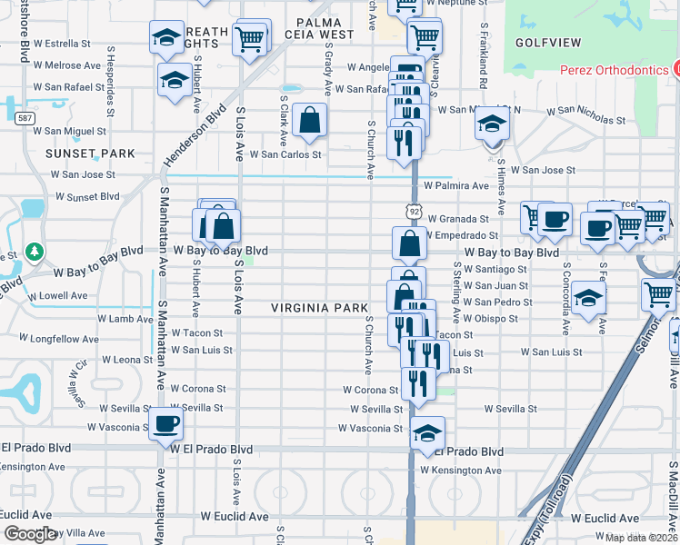 map of restaurants, bars, coffee shops, grocery stores, and more near 3918 West Santiago Street in Tampa