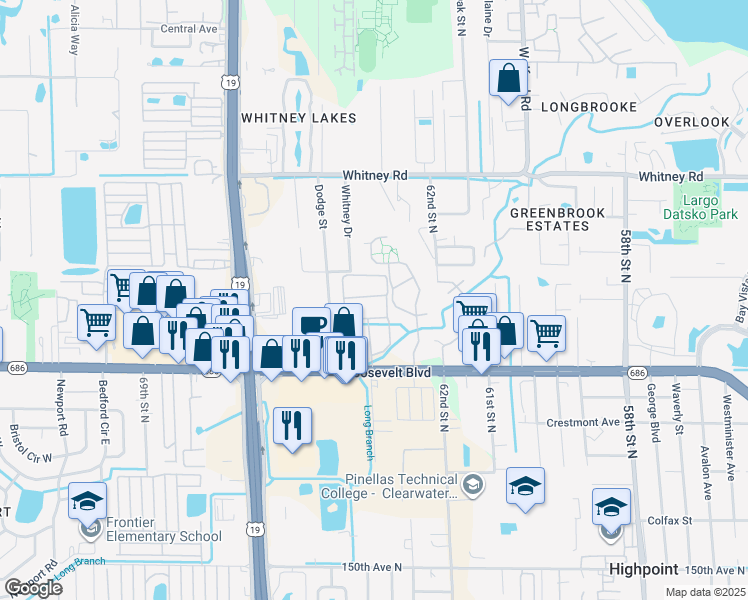 map of restaurants, bars, coffee shops, grocery stores, and more near 2738 Roosevelt Boulevard in Clearwater