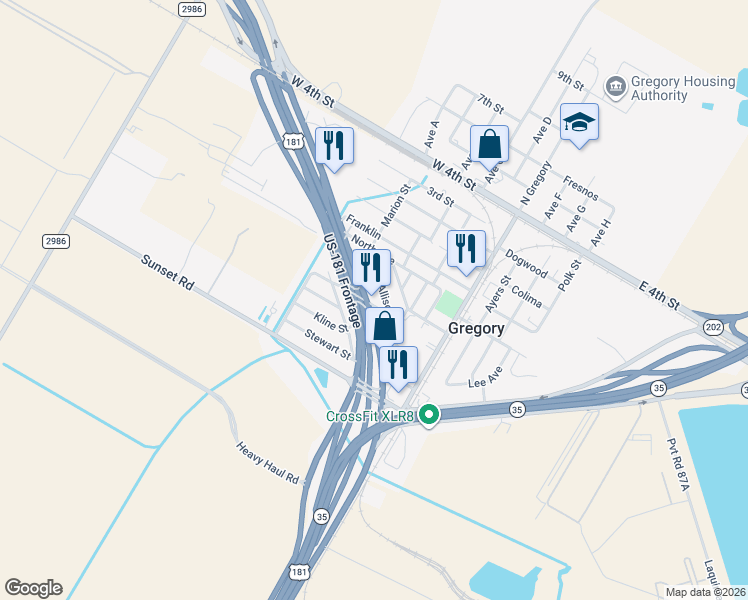 map of restaurants, bars, coffee shops, grocery stores, and more near 300 U.S. 181 in Gregory