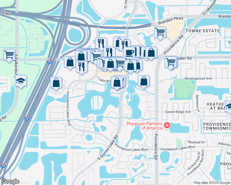 map of restaurants, bars, coffee shops, grocery stores, and more near 1127 Nikki View Drive in Brandon