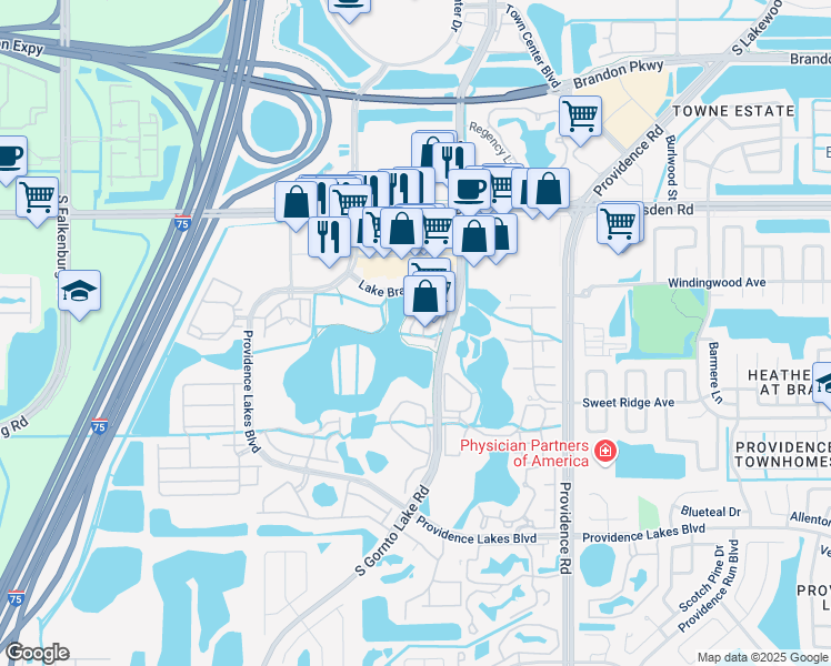 map of restaurants, bars, coffee shops, grocery stores, and more near 1127 Nikki View Drive in Brandon