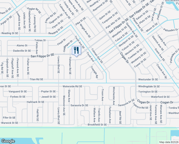 map of restaurants, bars, coffee shops, grocery stores, and more near 735 Carousel Street Southeast in Palm Bay