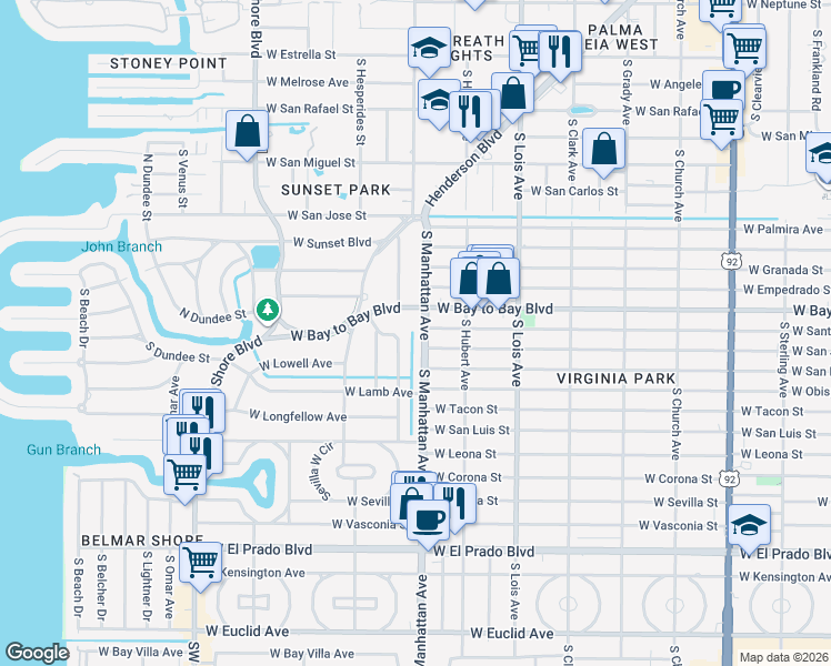 map of restaurants, bars, coffee shops, grocery stores, and more near 3001 South Manhattan Avenue in Tampa