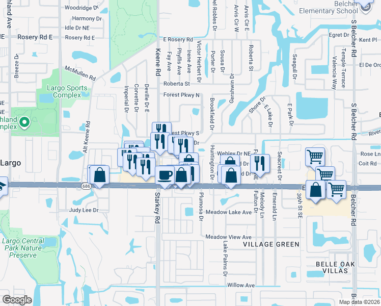 map of restaurants, bars, coffee shops, grocery stores, and more near 2696 Keene Park Drive in Largo