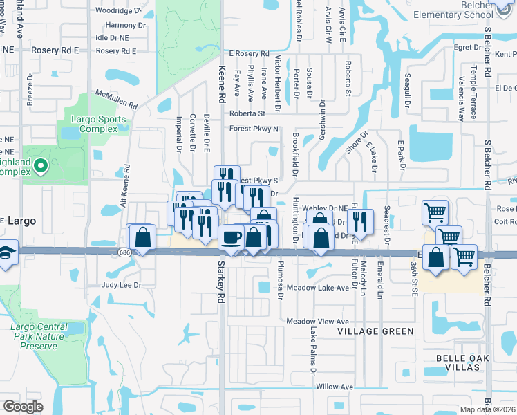 map of restaurants, bars, coffee shops, grocery stores, and more near 2696 Keene Park Drive in Largo